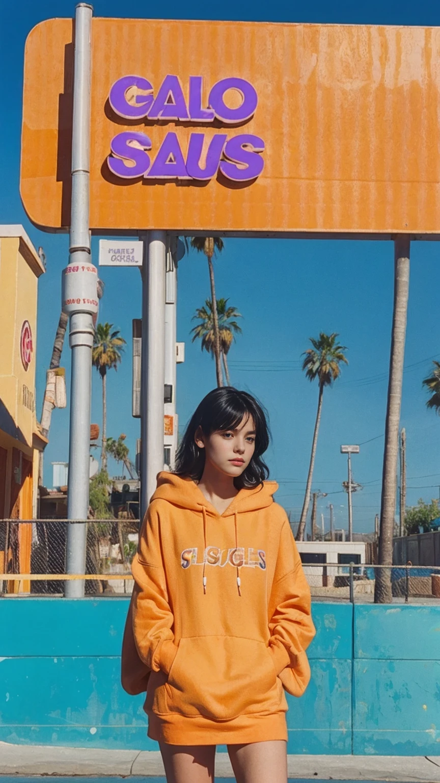 (medium shot portrait) one of cute 23 yo girl ,wear ((orange color oversized_hoodie)), wear ((purple tennis skirt)),looking front,Best Quality,Masterpiece,Ultra High Resolution,(Realisticity:1.4),Original Photo, 1Girl, light leak,ultra high resolution,UHD,beautiful, (black straight hair), almond eye, no makeup, in front of ((80's los angels colorful gas station)), (realistic:1.2), (surreal:1.3), (very detailed:1.1), ((masterpiece)),summer, blue sky, palm trees,sunny, los angles vibes,film camera, 800mm lens,style of Philip Lorca diCorcia