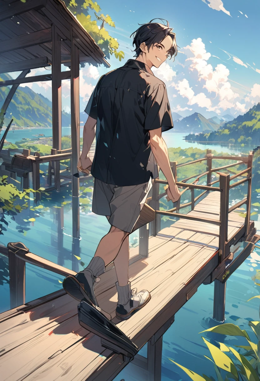 33-year-old man walking on the single-plank bridge, looking back and smiling，The scenery is the lake