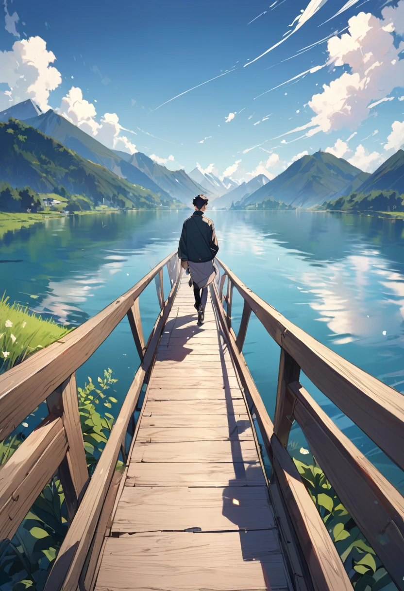 33-year-old man walking on the single-plank bridge, looking back and smiling，The scenery is the lake