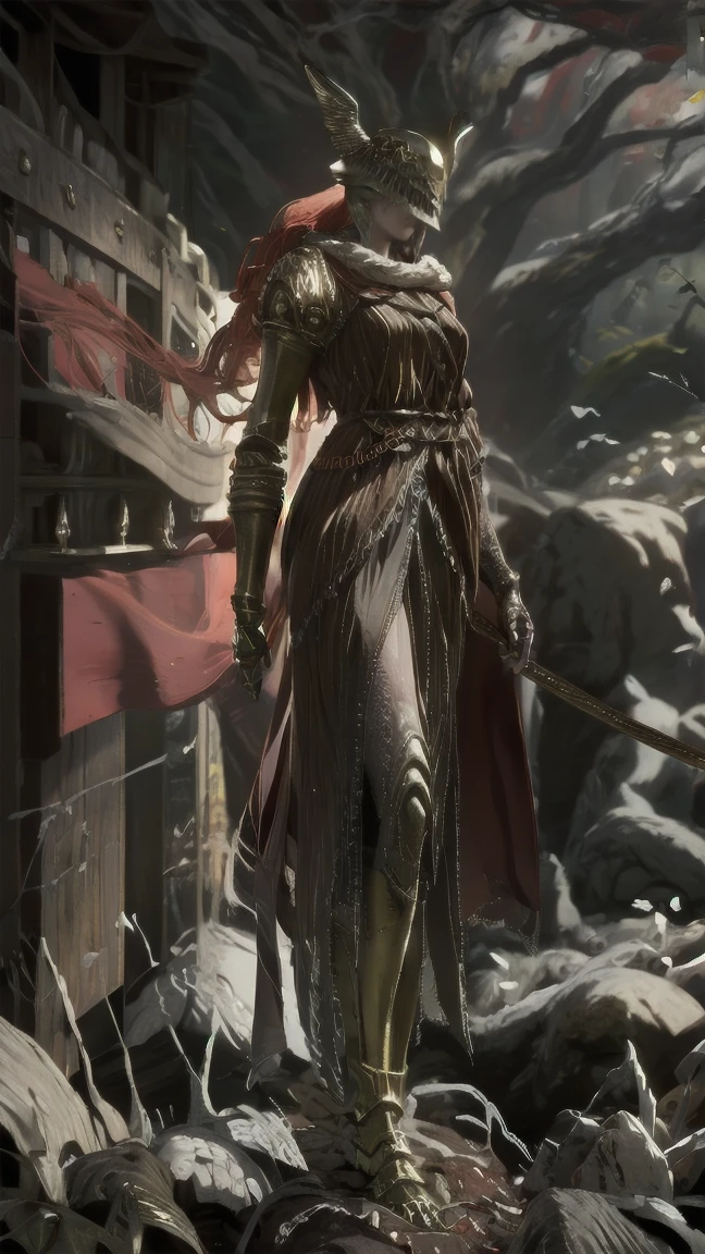 1 girl, ultra sharp image, Portrait of a girl, Gothic style, fantasy, beautiful figure, beautiful, full length (full body 1.1.), battlefield, swords stuck into the ground in the background, Red sunset, slender legs, buttocks, slender legs, Wasp waist, sexy, fighting pose, fighting stance, only,helmet,light-skinned Женский, One, long curved sword in hand