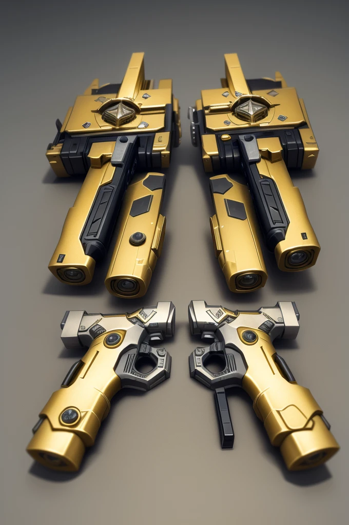 Two blaster pistols, star wars styled, ornate blaster pistols, golden and silver colored, no characters
