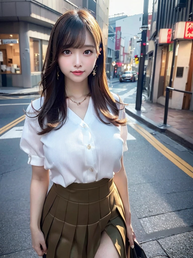 (8k, RAW photo, top quality, masterpiece: 1.2), (realistic, photorealistic: 1.37), three-dimensional, ultra detail, ultra high resolution, beautiful detailed face, one girl, beholder, constriction, beautiful detailed skin, skin texture, floating hair, professional lighting, (Japanese beautiful and cute girl:1.2), long hair, bob cut, beautiful hair, 20 years old, slim waist, big breasts, look at viewer, in the town, (embarassing:1.1), bracelet, earing, necklace, (cute blouse, pleated skirt, skirt lift), Showing a glimpse of thighs, skirt lift