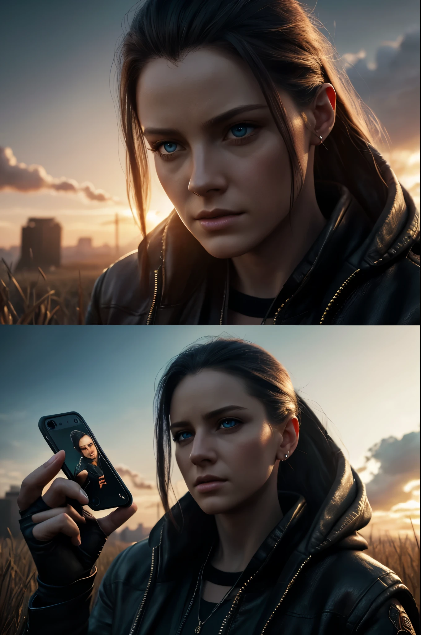 sarah: hot of a gorgeous, fire eyes, pale skin, tanding outside on her phone, looking at phone, fantasy art,epic portrait illustration, cinematic realistic , feeding on a man in a field at night , portrait, realistic digital art 4 k, realistic digital art 4k, cinematic digital painting, ultra realistic concept art, very detailed digital painting, 4k concept art and hyper realism, cyberpunk art ultrarealistic 8k, emotional concept art