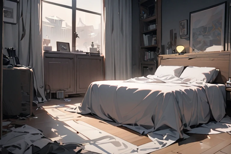 A messy and dark bedroom, the windows are covered with sheets and in the background there is only a messy white bed next to a lamp that emits a little light, shades of gray and black, ((high quality)), ((masterpiece)), ((detailed)), no one
