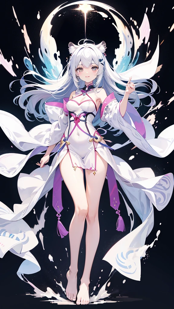 Second dimension ancient style magic robe(White Tiger)Girl(Full body picture),Perfectly proportioned body,Slender,Lively, cheerful and happy,Bare feet and legs,Ultra-clear,Clear background