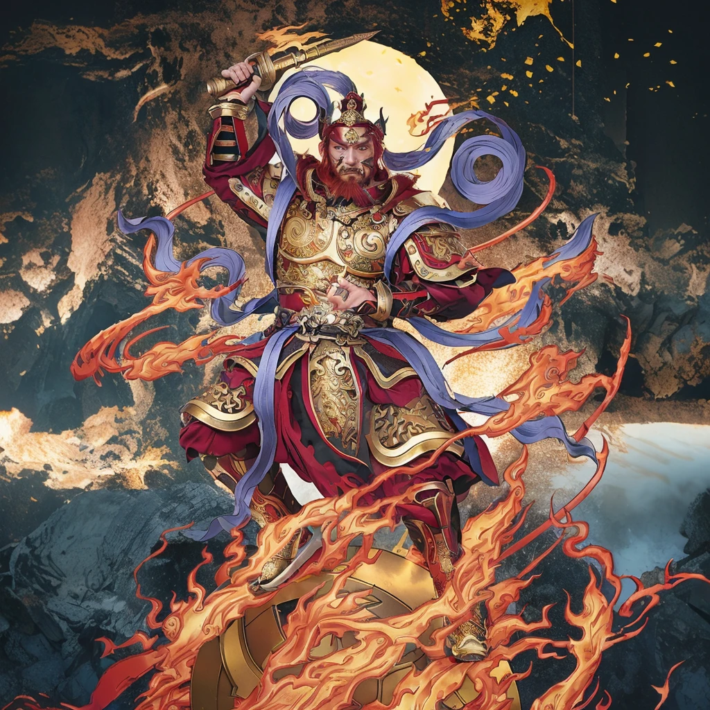 red hair male Chinese warrior (3 eyes) asura look, ancient Chinese armour, surrounded by fire, standing on a huge metallic wheel, holding a metal whip weapon (sword), purple deity ribbon, fierce look, proper finger gesture