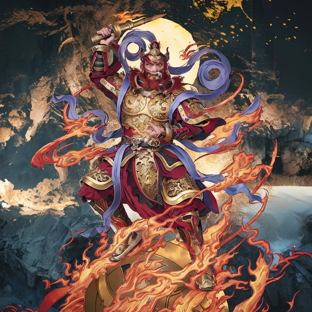 red hair male Chinese warrior (3 eyes) asura look, ancient Chinese armour, surrounded by fire, standing on a huge metallic wheel, holding a metal whip weapon (sword), purple deity ribbon, fierce look, proper finger gesture