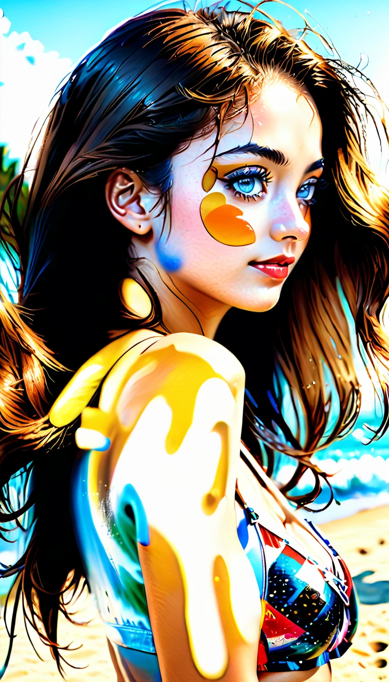 Raw Photograph, ((Full body:1.5)) portrait of Aishlane Raideau looking sideways, (aishwarya rai: 0.5),(thylane blondeau:0.5),highly realistic, meticulous details,8k uhd (full body shot:1.5), 1girl, 18 years, long hairs, dark skin, (beautiful eyes), (wearing bikini), (standing in a beach), beautiful legs. golden hour, highly detailed glossy eyes,oily skin, realistic skin,subsurface tering, skin pores visible,looking sideways, happy face, smiling ,highly detailed lips, dslr,sharp focus,