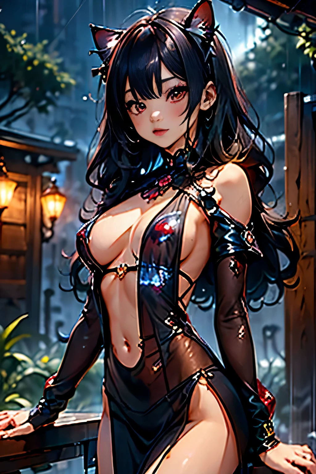 ((junkotvv cabello negro y largo con orejas de gato y ojos rojos)), (quality)), ((masterpiece)), Recommended results、Puffy nipples、(see through:1.5)、straighten your back、abdominal muscles、huge bust、angle to floor:1.2、low camera angle、Hair loss on crotch,top quality、Top image quality、masterpiece、android girl((sixteen years old,There are scars all over the body、The damaged cyber suit emits a black light, red and white、Chest blue energy source,best bust、Bust 90、light blue shiny hair、long hair,Net skirt、cyan eyes、open your heart、The slender one,high quality、beautiful art、background with((Magical night city、downpour))、on the table、Well designed、visual art、