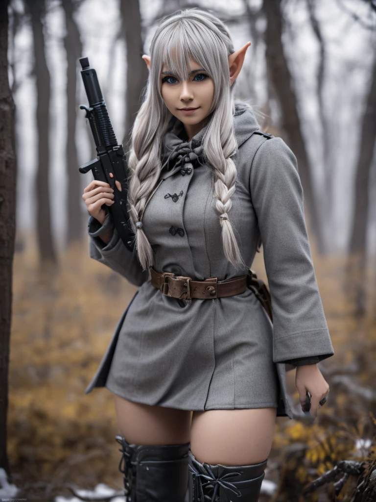 fantasy elven (grey skin) women, elf ears, winter fur coat, dress and leather boots, holding a rifle, ww2, focus sharp, 4k, hyper real life, snipers, parade, dark elves, drow, grey skin, Sylvanas, world of warcraft