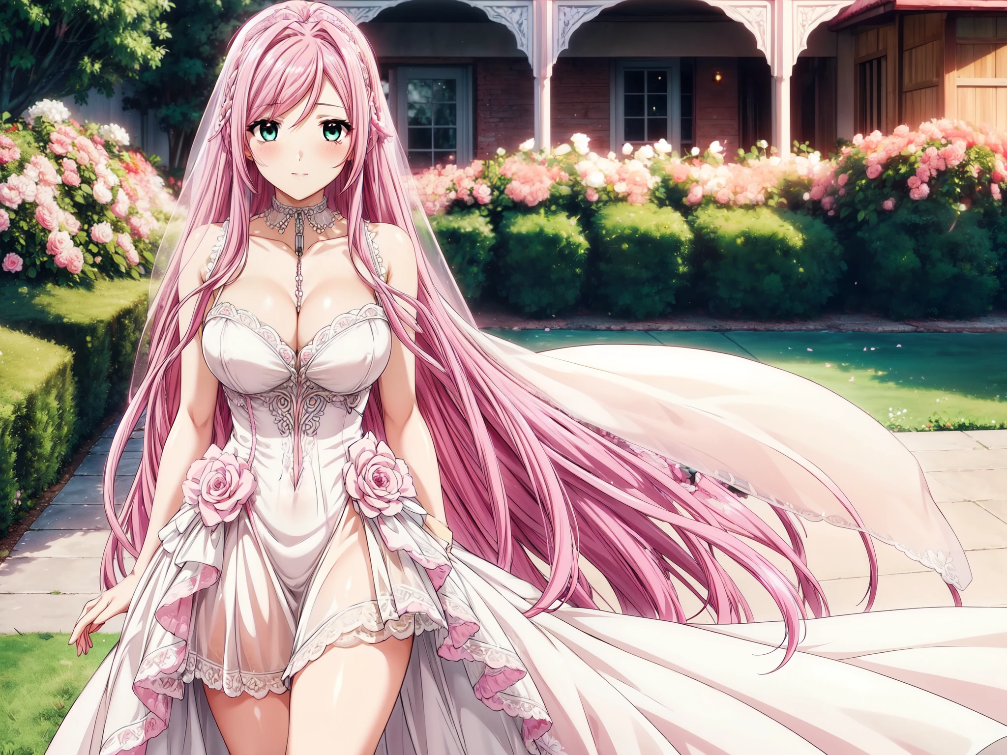(masterpiece, best quality, beautiful and aesthetic:1.3), 1woman, mature woman,solo, light smile, (Silver pink hair streaked red:1.4), (Gradient pink hair ends:1.6), hair strand, absurdly long hair, single sidelock, wavy hair, shiny hair, floating hair, (deep green eyes), delicate eyes, aqua eyes, super high detailed eyes, long upper eyelashes, makeup, Focus on face, Very detailed facial, Pretty Face, Perfect breasts, hot body, (Delicate skin texture:1.2), bridal veil, lace-trimmed dress, see-through, wedding dress, outdoors, white roses, garden, morning, standing, extreme detailed,