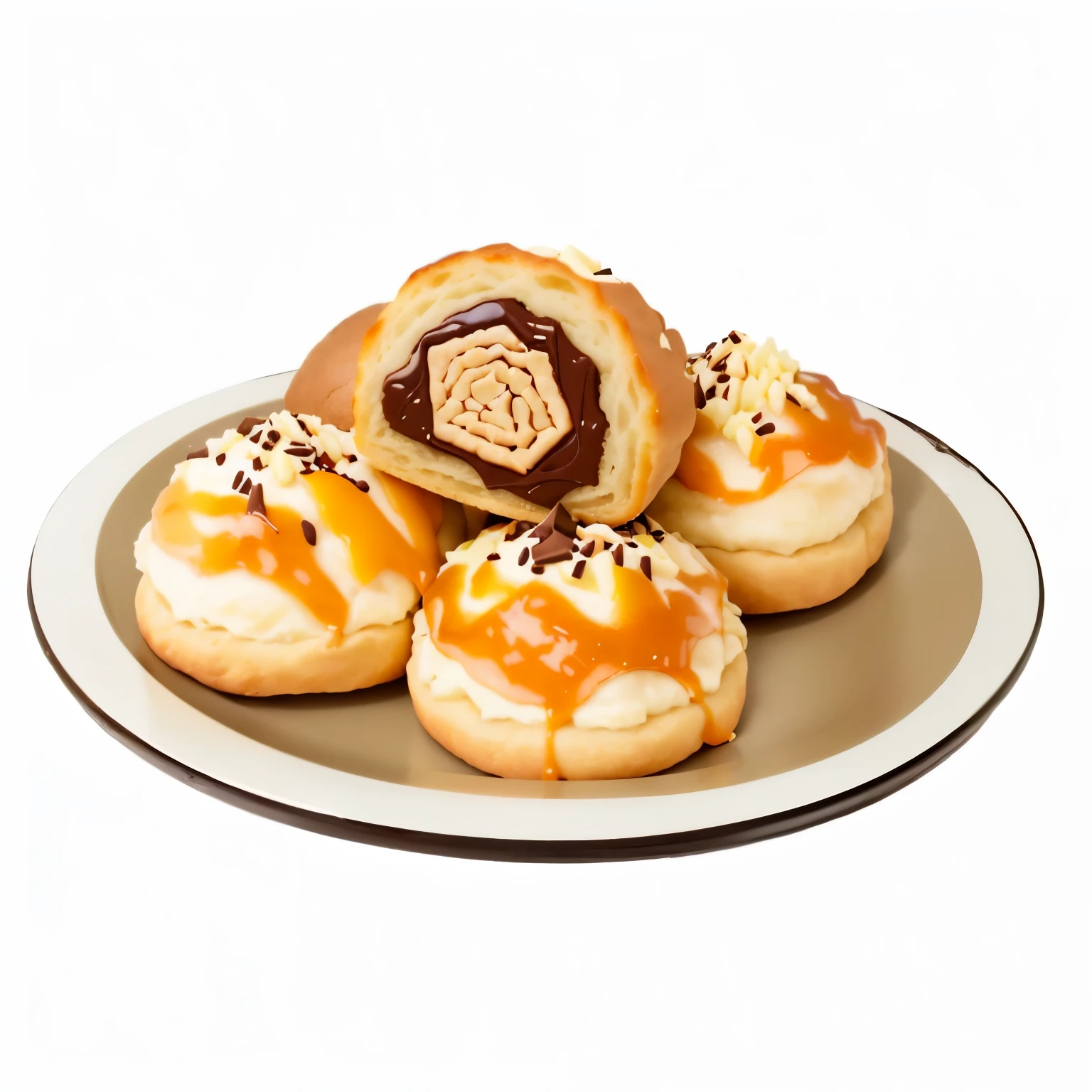 there are a plate of pastry with chocolate on it, pastry, pastry, Sweet sesame, Shogakukan, 酥脆bread, fuji choco, caramel, What do you do, corner, delicious, candy, Hearty Sesame Buns, Delicious sesame pie, Guande, bread, Soft and warm, There are few rice fields