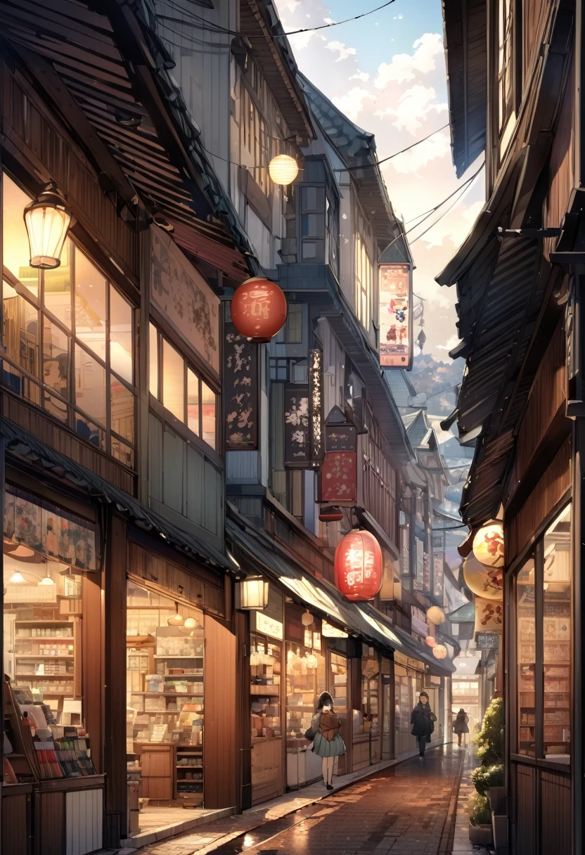 extremely clear 8K wallpaper, extremely beautiful and well-shaped scenery, absurdres, masterpiece, by Posuka Demizu,Nostalgic scenery, double exposures of a decadent Japanese arcade shopping street from the Showa era and the bustling scenery of the past superimposed here and there on the shopping street, many stores with their shutters down, 