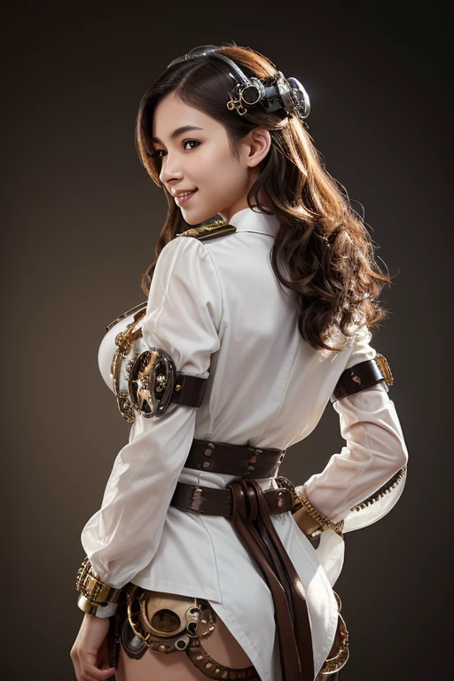 Woman portrait、Highest quality、Rear View、8k,Detailed face, clear, Fine skin、clear, Beautiful Eyes、whole body、(Curly Hair)、My hair was messed up by the wind、The beauty of a smile、(Big pectoral muscles、expensive),(Hip_Excellent, Hip Excellent), Mature Woman,( Observe the audience),Realistic, High resolution, Soft Light,1 female, alone, Hipアップ, Glowing Skin, (Detailed face), Sexy smile, Perfect Style, Perfect balance,Brown Hair,Naughty look,((Burberry Check Steampunk Kimono,Improve)),(White checkered white mech, brown, Silver, red and dark brown., High-tech Mecha,Beautiful steampunk cyborg woman,Steampunk Mech Cyborg Girl,White dress shirt、button、Epaulettes,beads,Elbow hand pockets,Short tie with jewels、Gemstone Helmet,belt steampunk body stocking,High Leg,Lavish décor),((Put your arms behind your back)),(Bokeh),(Studio Lighting)