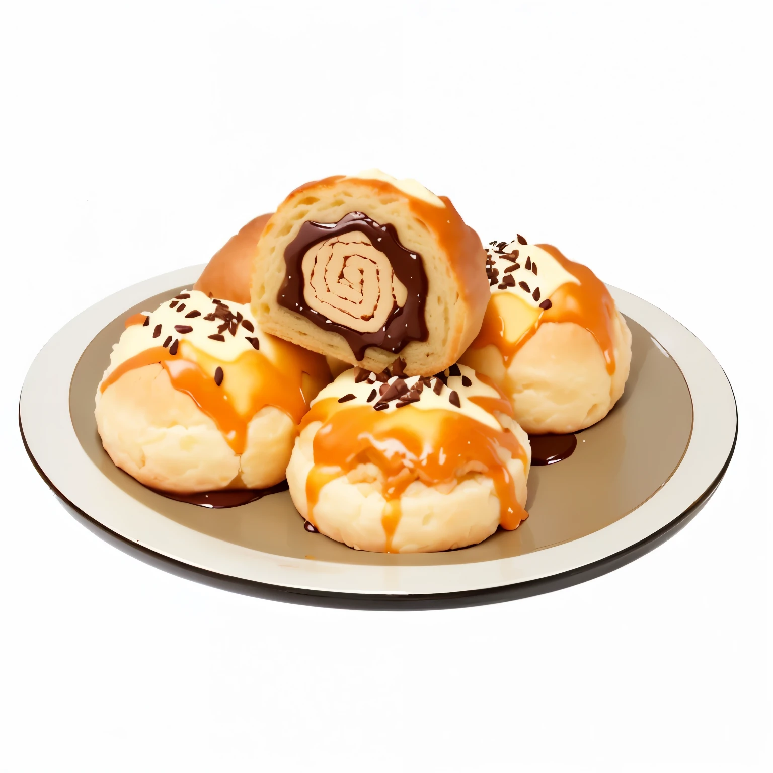 there are a plate of pastry with chocolate on it, pastry, pastry, Sweet sesame, Shogakukan, 酥脆bread, fuji choco, caramel, What do you do, corner, delicious, candy, Hearty Sesame Buns, Delicious sesame pie, Guande, bread, Soft and warm, There are few rice fields