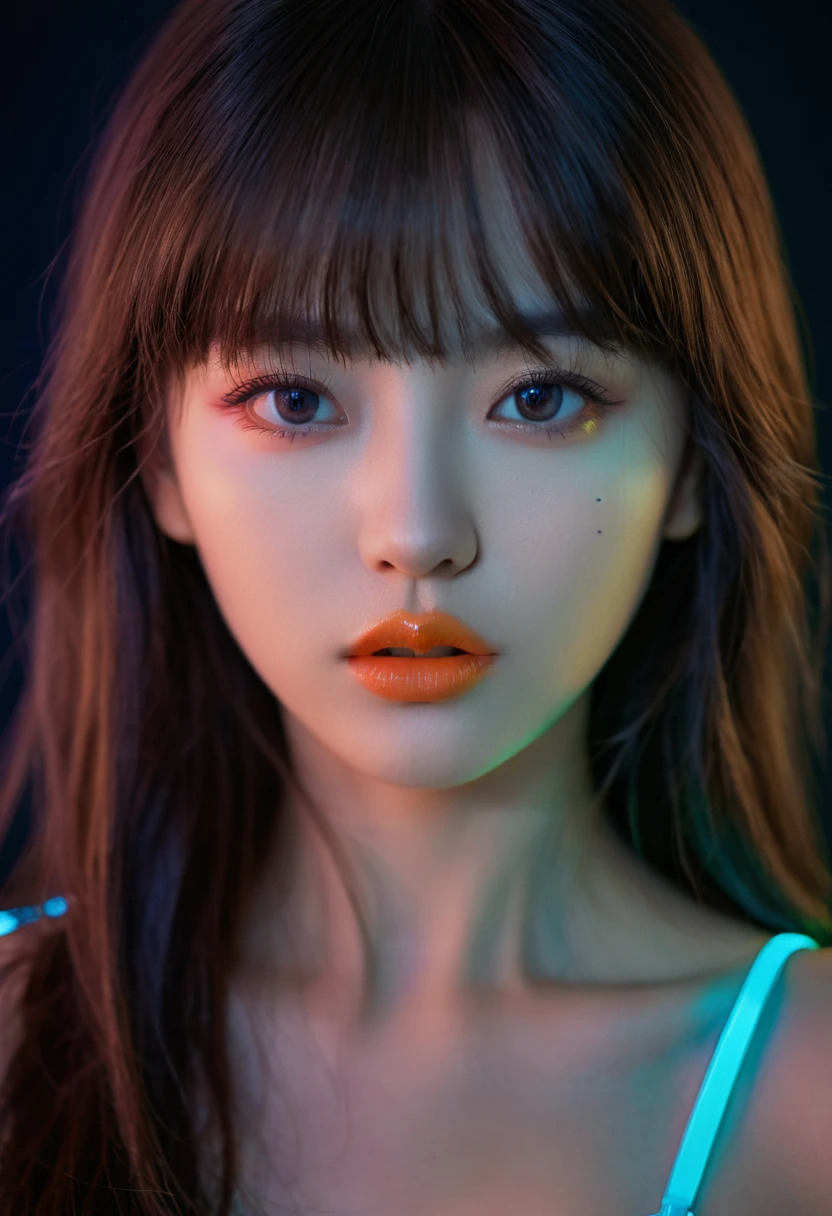 8k, best quality, 1 Girl, (Skin Indentation), night, (dark), Indoor clear background, (people), Beautiful bangs, Gorgeous,, (Clothing and:1.3),Soft lighting, attractive, dark Room, (mouth close:1.2, beautiful eyes, Delicate eyes, Detailed iris, Beautiful lips, Beautiful nose, Pretty Face),(primary color:1.5)，(Ambient Light:1.5)，(Neon light:1.8)