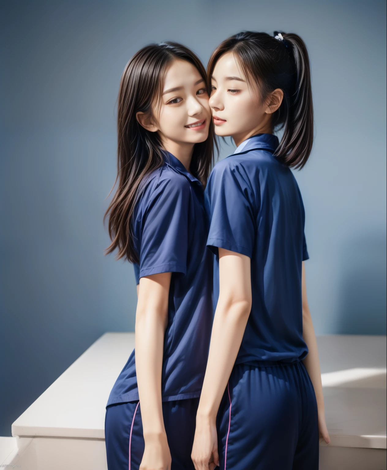 (best quality,10,10,height,Masterpiece:1.2),Special details,(realistic,ภาพrealistic,Realistic photos:1.37),1 Cute girl in the kitchen,shiny, ผิวshiny,only,smile softly,BDclothelue shirt:1.3)),short sleeve,shirt, กางเกงขาlong.,(navy_long_track pants:1.1), ((Kitchen Background)),Dynamic angle,excited,Face focus,dynamic poses,from behind,focus on ass,Masterpiece, best quality, ultra realistic, hyper detail, 8k resolution, raw photos, Sharp focus, ((Navy blue shirt:1.1)), short sleeve, เส้นทางlong, perfect body, 2 mature women, 18 years old, Cinema-grade lighting system,blue sweatpants,shirtผ้าออกกำลังกาย,correct anatomy,perfect body, correct body, Sharp face, correct bodyทางกายวิภาค, full body, realistic gestures, long-haired, realistic poses,Wear long shorts...........................,ช่วงขาlong,Good shape,carved girl, Slender figure, model, Good shape, beautiful body,blue sweatpants, two girls kissing