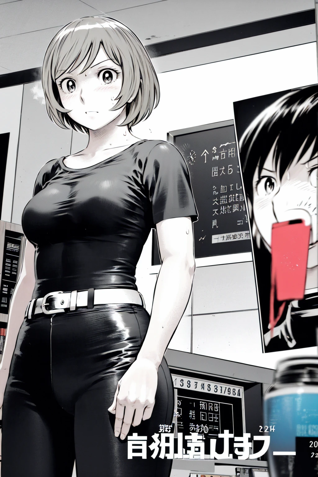 、(masterpiece、Highest quality)、Highest quality, Ultra-high resolution, (((masterpiece))), alone, Sweat、Big eyes,Tight black shirt、Tight white pants、belt、indoor、Composition from the front、(Cut the back hair short、short hair、blonde、woman)、Shortcuts、Embarrassed face、Cut your hair short、可愛いwomanの子、Big Breasts、office
