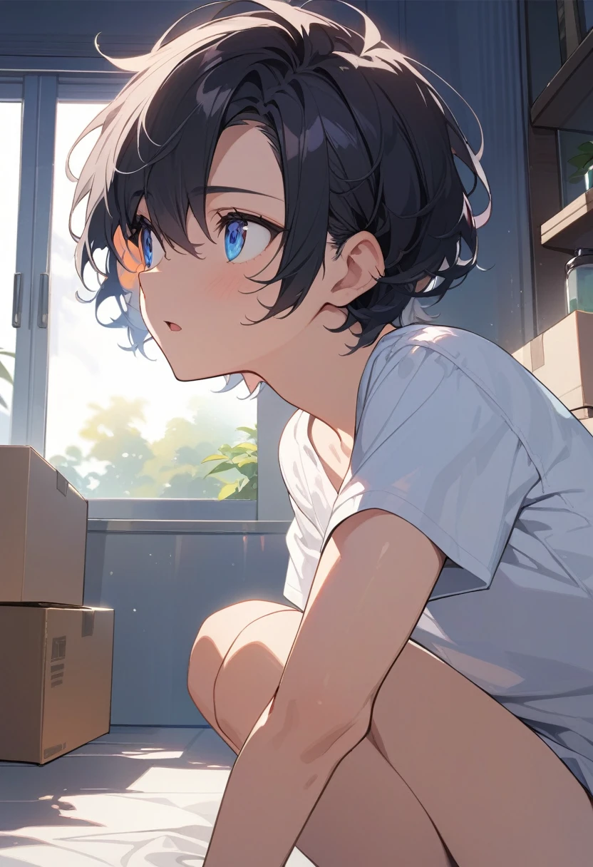 masterpiece, best quality, extremely detailed, ultra detailed, flat anime, 2D,
((1boy)),black hair, (short hair:1.5),blue eyes, height 1.7meters,  (circle eyes:1.2),  (young adult:1.2), Ear-length sideburns,
long Sleeves, White T-shirt, barefoot, 
squatting, looking away, expressionless,open mouth, portrait,from side, close up face,
summer, 12AM, livingroom,organizing the boxes., I'm looking at the material in my hand.