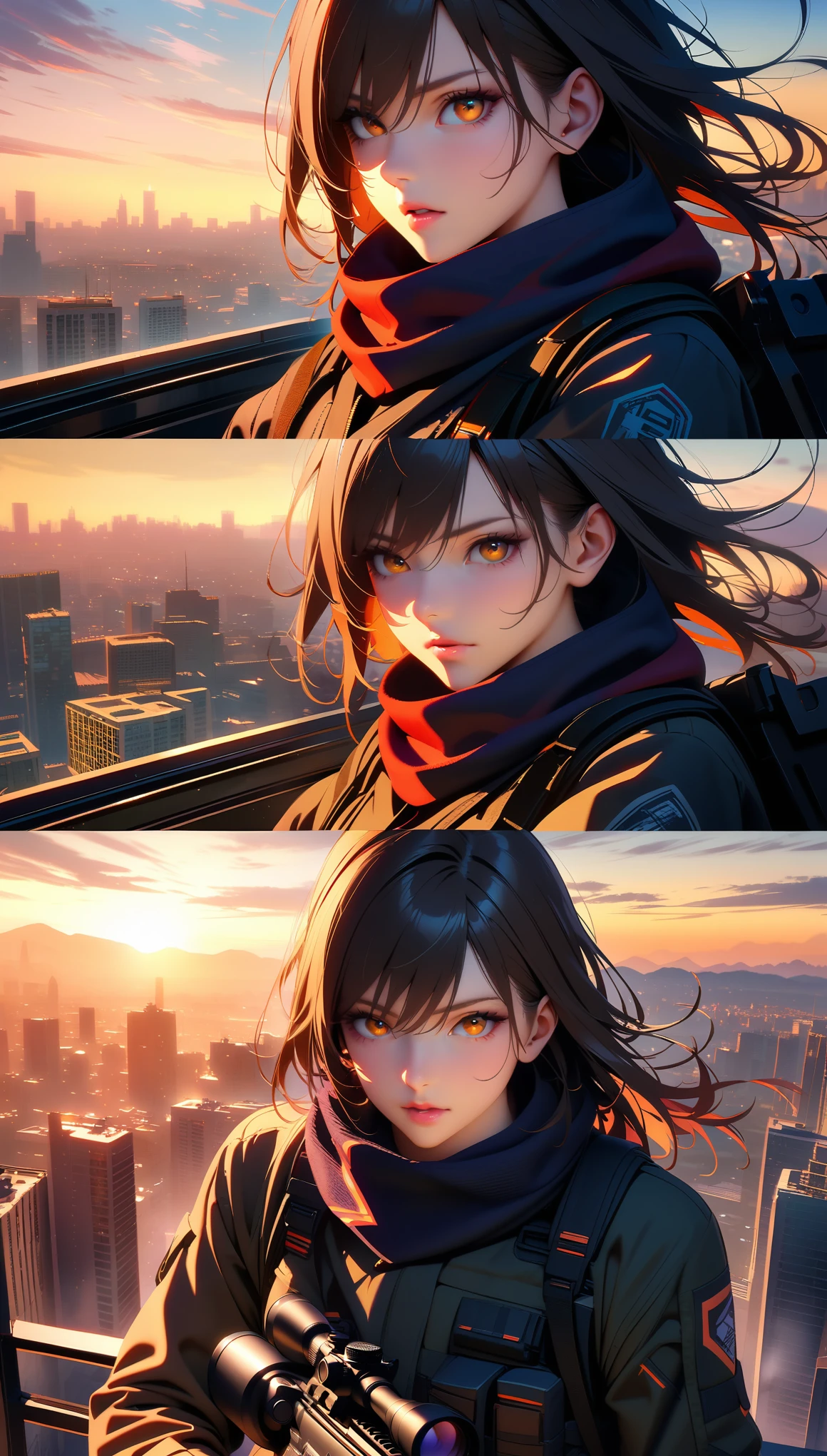 Masterpiece, Best Quality, Super Detailed, High Definition, HDR, Realistic, Depth, Fine Texture, Super Fine, Complete concentration. A cool and stylish sniper,(Snipers are on a mission to eliminate targets in the crowd): detailed tactical outfit, advanced sniper rifle, focused expression. Scene: Rooftop of a high-rise building at sunset, cityscape in the background, lens flare, shadows, and highlights enhancing the atmosphere. Background: Urban city, detailed skyline, vibrant colors, dramatic lighting, Lighting: Cinematic lighting, volumetric lighting, lens flare, dramatic shadows. Details: Beautiful detailed eyes, intense gaze, intricate details on the sniper rifle, wind blowing through hair or scarf. Atmosphere: Action-packed, intense, stylish, professional, vibrant, ultra-detailed.