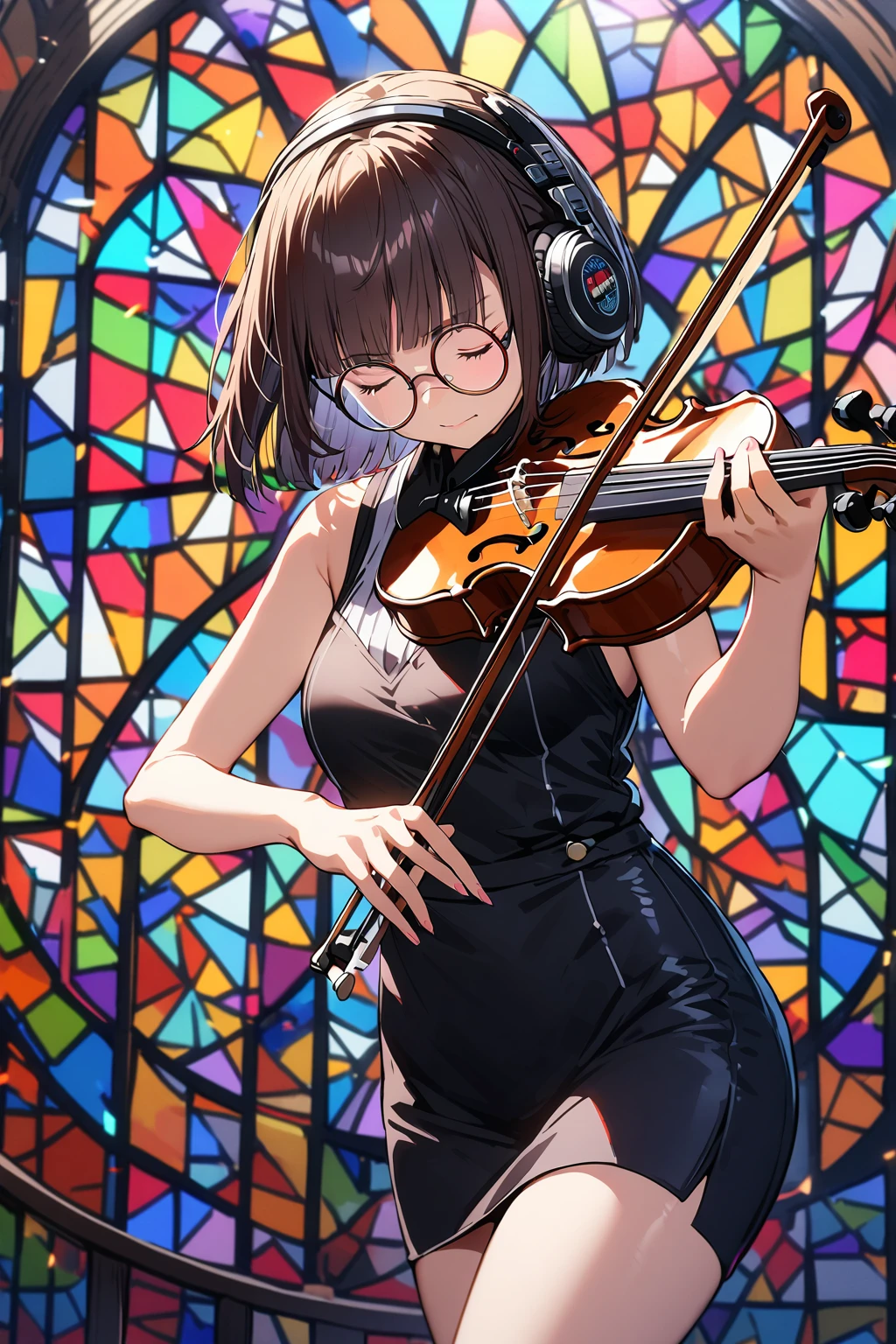 (extremely detailed fine touch:1.3), (((semi-rimless round eyewear:1.3))), (headphone:1.2), short hair, blunt bangs, 1girl,Playing a violin, pencil skirt, bare arms, stained glass background,