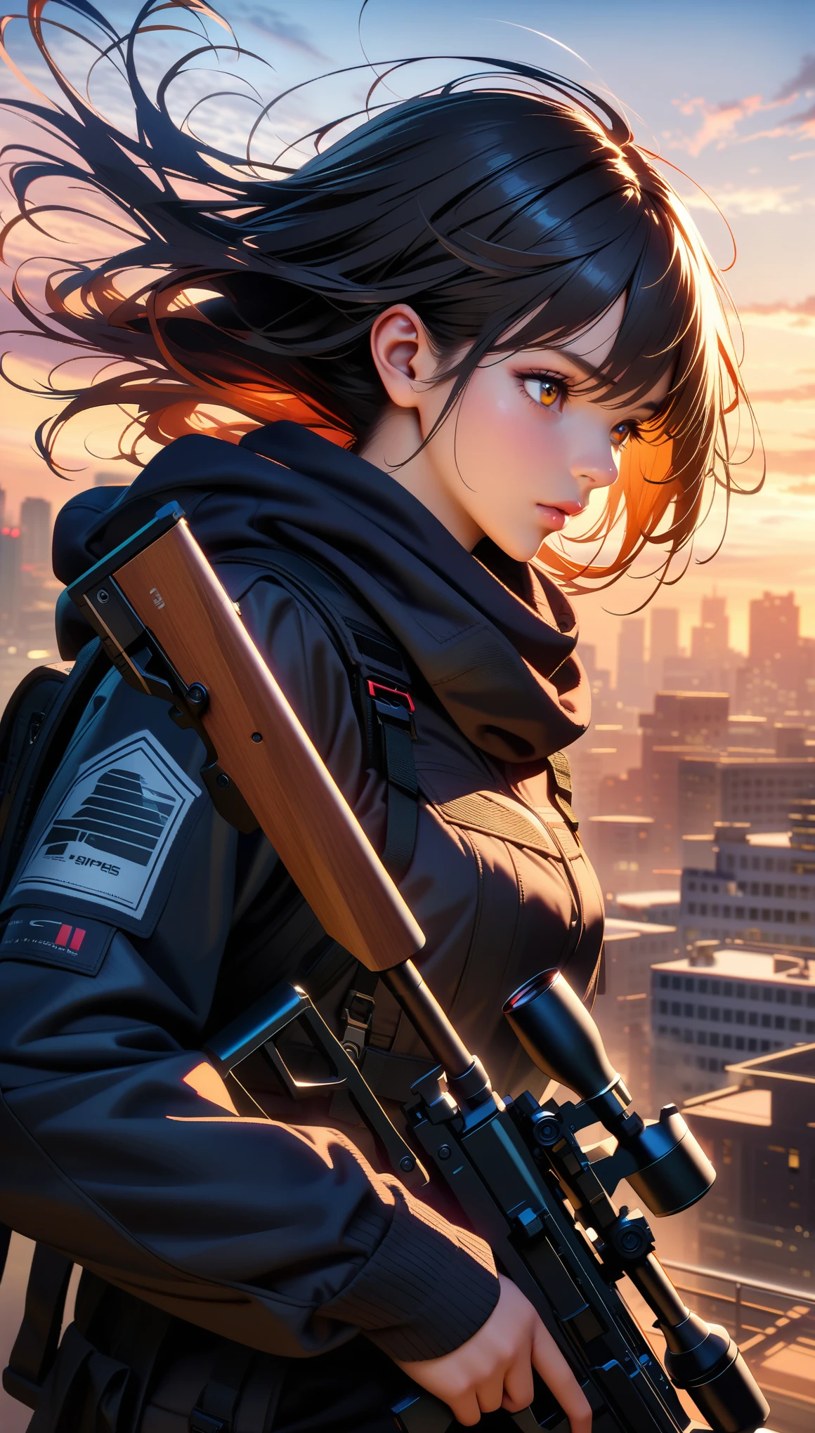 Masterpiece, Best Quality, Super Detailed, High Definition, HDR, Realistic, Depth, Fine Texture, Super Fine, Complete concentration. A cool and stylish sniper,(Snipers are on a mission to eliminate targets in the crowd): detailed tactical outfit, advanced sniper rifle, focused expression, Scene: Rooftop of a high-rise building at sunset, cityscape in the background, lens flare, shadows, and highlights enhancing the atmosphere, Background: Urban city, detailed skyline, vibrant colors, dramatic lighting, Lighting: Cinematic lighting, volumetric lighting, lens flare, dramatic shadows, Details: Beautiful detailed eyes, intense gaze, intricate details on the sniper rifle, wind blowing through hair or scarf, Atmosphere: Action-packed, intense, stylish, professional, vibrant, ultra-detailed, white and black colour schemes