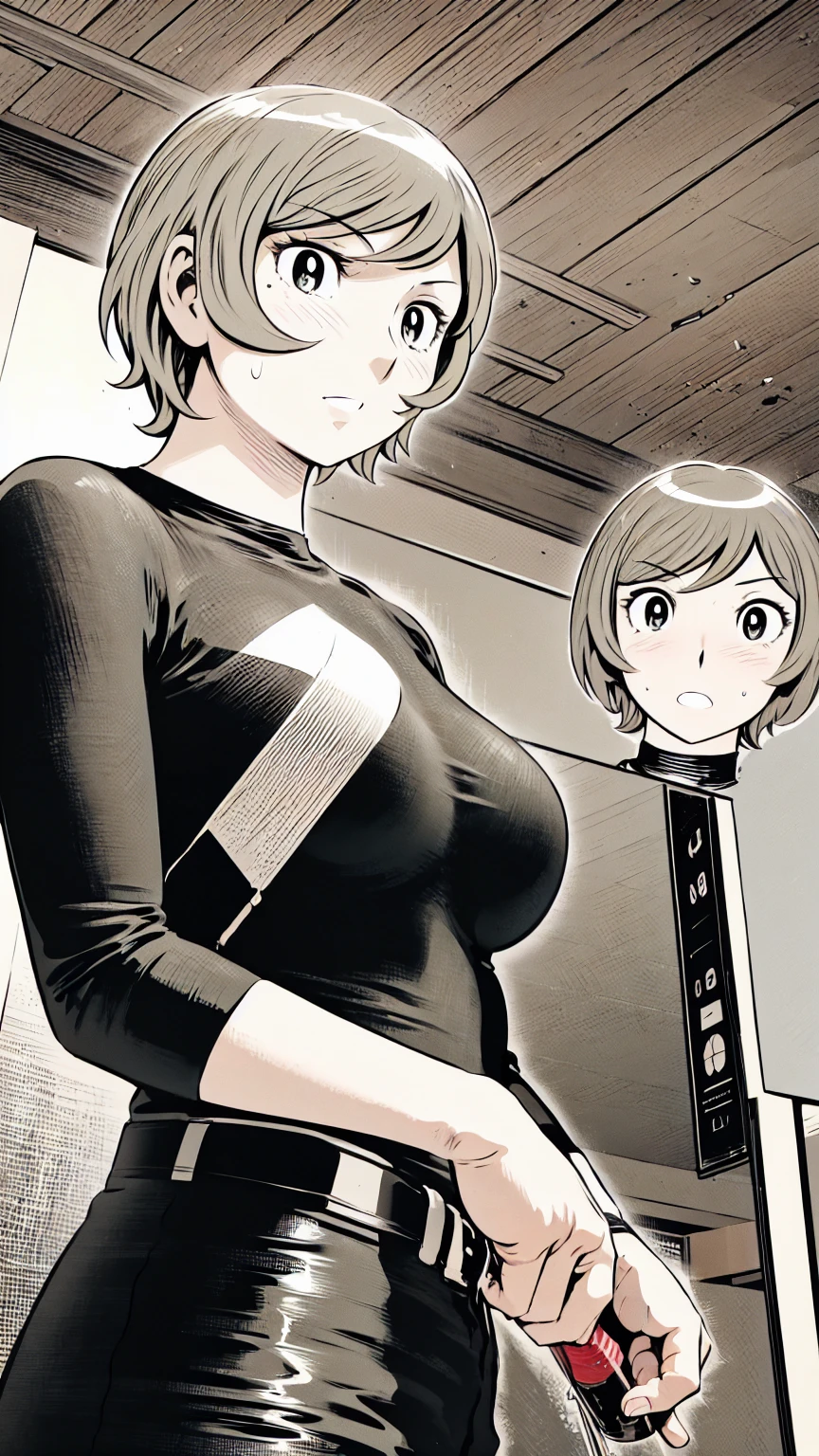 、(masterpiece、Highest quality)、Highest quality, Ultra-high resolution, (((masterpiece))), alone, Sweat、Big eyes,Tight black shirt、Tight white pants、belt、indoor、Composition from the front、(Cut the back hair short、short hair、blonde、woman)、Shortcuts、Embarrassed face、Cut your hair short、可愛いwomanの子、Big Breasts、Inside the room、Full Color、Baseball uniform