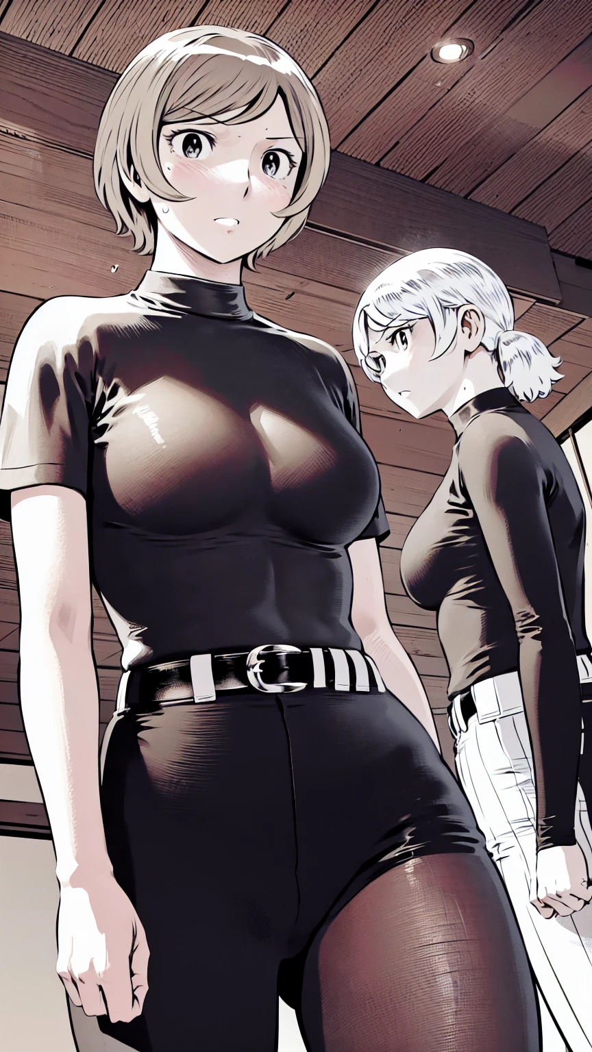 、(masterpiece、Highest quality)、Highest quality, Ultra-high resolution, (((masterpiece))), alone, Sweat、Big eyes,Tight black shirt、Tight white pants、belt、indoor、Composition from the front、(Cut the back hair short、short hair、blonde、woman)、Shortcuts、Embarrassed face、Cut your hair short、可愛いwomanの子、Big Breasts、Inside the room、Full Color、Baseball uniform