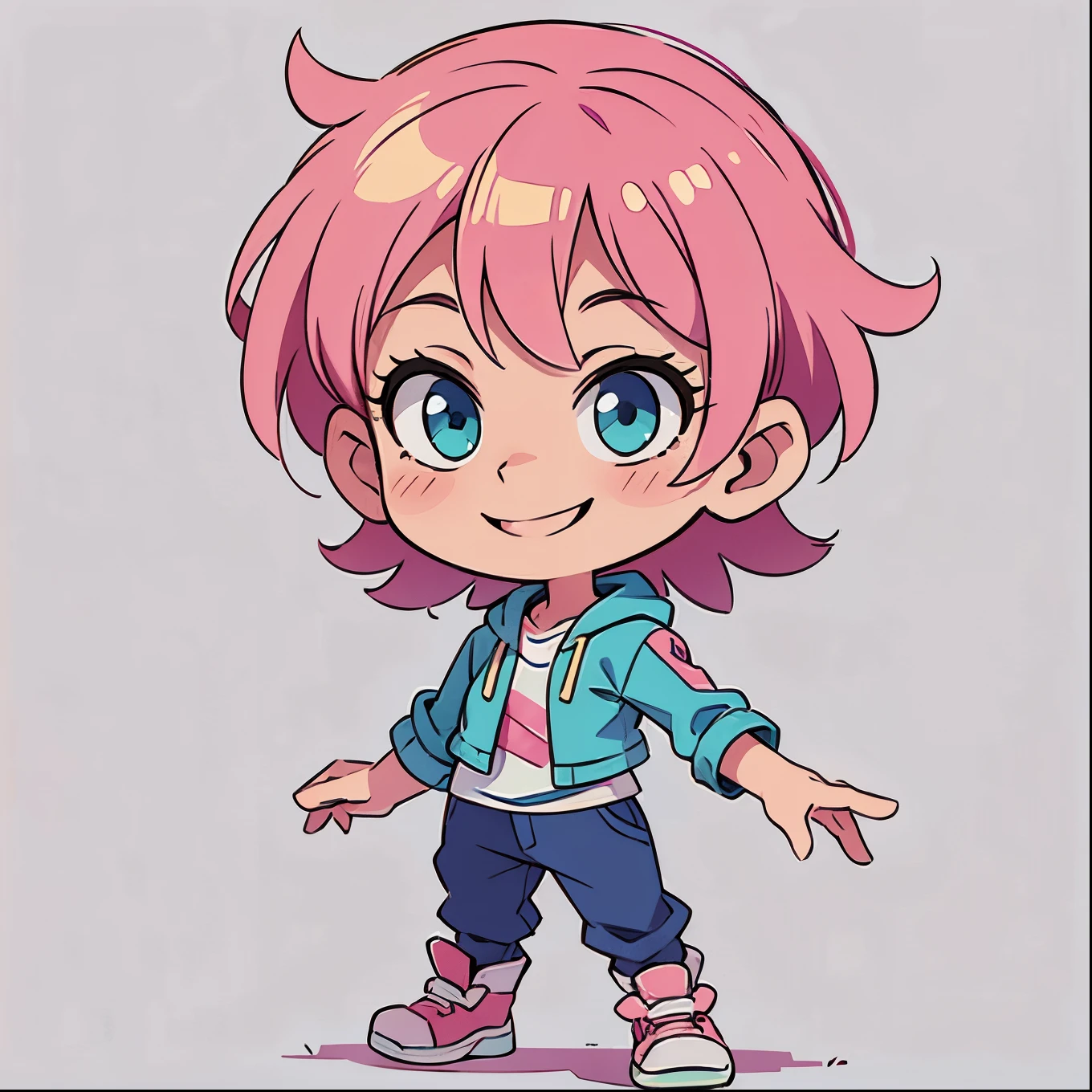 ((Calm smile))、Pink hair、short hair、Blue-green eyes、Simple clothes