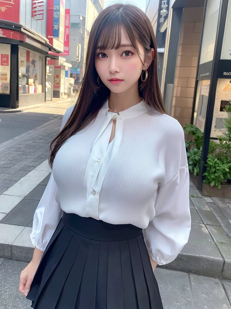 (8k, RAW photo, top quality, masterpiece: 1.2), (realistic, photorealistic: 1.37), three-dimensional, ultra detail, ultra high resolution, beautiful detailed face, one girl, beholder, constriction, beautiful detailed skin, skin texture, floating hair, professional lighting, (Japanese beautiful and cute girl:1.2), long hair, bob cut, beautiful hair, 20 years old, slim waist, big breasts, look at viewer, in the town, (embarassing:1.1), bracelet, earing, necklace, (cute blouse, pleated skirt, skirt lift), Showing a glimpse of thighs, skirt lift by hand:1.3