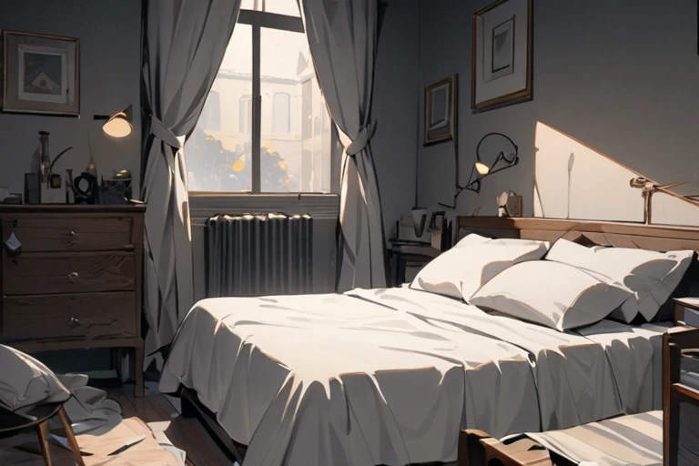 A messy and dark bedroom, the windows are covered with sheets and in the background there is only a messy white bed next to a lamp that emits a little light, shades of gray and black, ((high quality)), ((masterpiece)), ((detailed)), no one, no windows, dark room