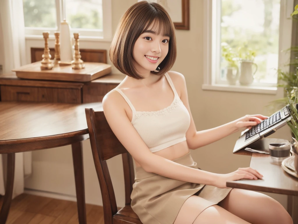 masterpiece, realistic, photorealistic, best quality, beautiful detailed, natural lighting, sharp focus, depth of field, in a living room, beautiful detailed japanese girl, 20 years old, (above the knee:1.2), (((searching the Internet on a computer at the dining table))), (Sitting in a chair), eyes open, looking at viewer, best quality real texture skin, Detailed beautiful delicate face and eyes, double eyelid, smile:1.2, white teeth:1.2, short straight brown hair:1.2, bob cut:1.2, tank top:1.2, mini skirt:1.2,