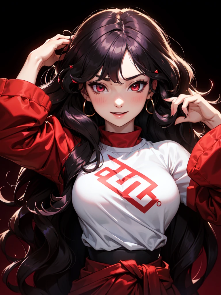 (((Portrait Photo))), She has a Cheerful and Youthful 15-Year-Old Appearance, with a Small, Athletic Build, Thick Breasts, and Immature Demeanor. She has Long, Wavy, Black Ombre Hair, Styled in Loose Waves Flowing Wildly. Her Striking Red Eyes Sparkle with Joy and Enthusiasm, Giving Off a Fun and Active Attitude. She Wears an Oversized Red Cropped Sweatshirt with Baggy Sleeves. (((High Quality, Dark Background))), (((Portrait Photo)))