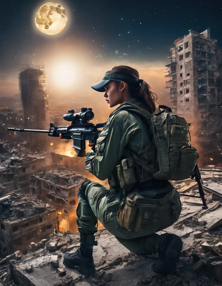 Highest quality, Highest quality, 16K, Unbelievably absurd, Very detailed, delicate and dynamic, Natural light, The particles reflect light, Diffuse reflection of light, Vortex of Light, war zone, bombs blusting around, dark outfield, ruined big city, roof top of ruined building, moon night, milky way, illumination, Create amazing image effects, Upper body close-up, (sole sexy girl, big Firm bust, , powerful, A professional sniper,, shooting a target with M16 auto rifle, swat uniform,)
