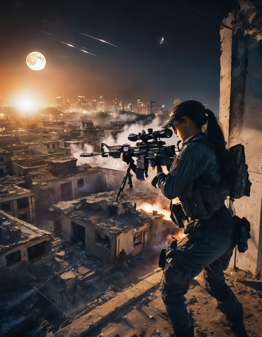 Highest quality, Highest quality, 16K, Unbelievably absurd, Very detailed, delicate and dynamic, Natural light, The particles reflect light, Diffuse reflection of light, Vortex of Light, war zone, bombs blusting around, dark outfield, ruined big city, roof top of ruined building, moon night, milky way, illumination, Create amazing image effects, Upper body close-up, (sole sexy girl, big Firm bust, , powerful, A professional sniper,, shooting a target with M16 auto rifle, swat uniform,)
