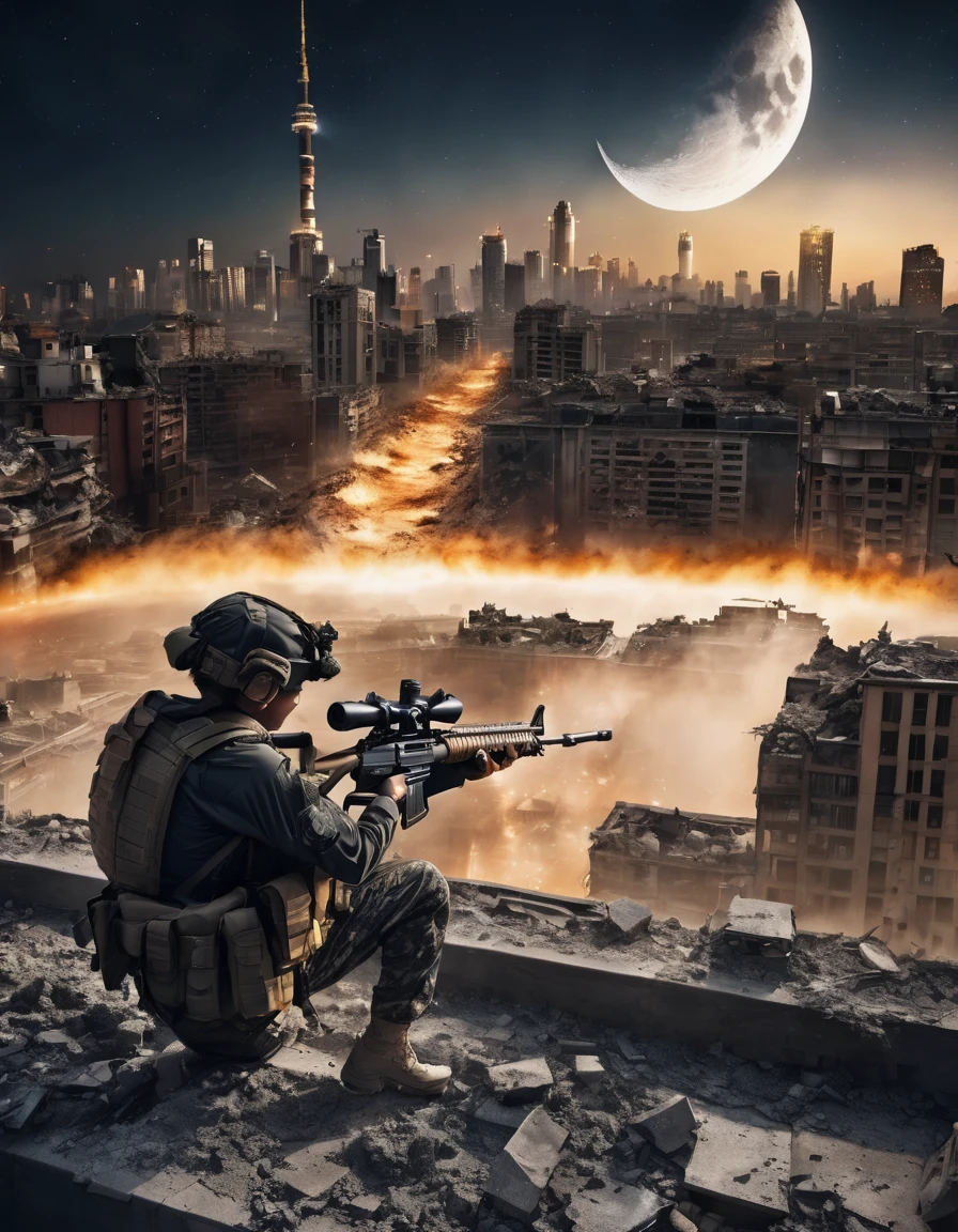 Highest quality, Highest quality, 16K, Unbelievably absurd, Very detailed, delicate and dynamic, Natural light, The particles reflect light, Diffuse reflection of light, Vortex of Light, war zone, bombs blusting around, dark outfield, ruined big city, roof top of ruined building, moon night, milky way, illumination, Create amazing image effects, Upper body close-up, (sole sexy girl, big Firm bust, , powerful, A professional sniper,, shooting a target with M16 auto rifle, swat uniform,)
