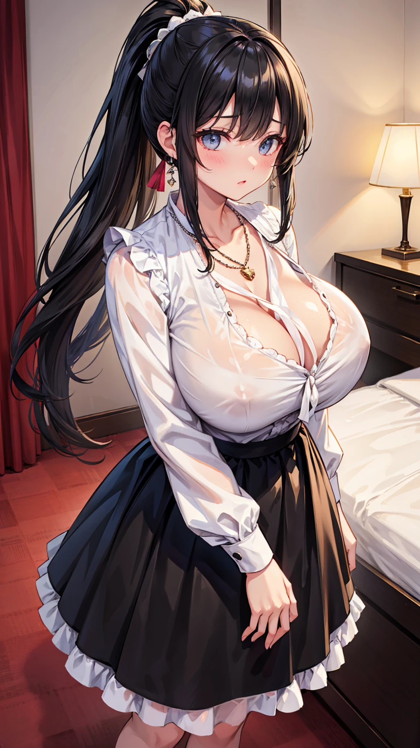 beautiful lady、(gigantic breasts)、Long Black Hair、ponytail、White ruffled shirt、skirt、necklace、Love hotel room、standing