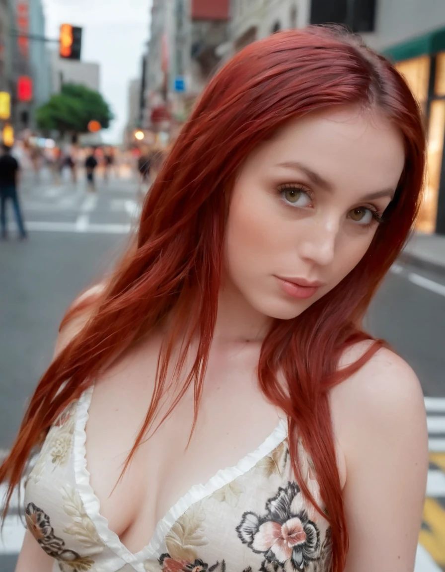 full body shot, a beautiful 22 year old woman, in love with the viewer, detailed skin face and eyes , natural lighting , sexy body shape, big breasts, on the city streets, wearing a black skirt and a white blouse, adopt a creative and fun pose like that of a model, close up view, long copper red hair, film grain, natural face, Blue eyes, dark circles under the eyes. big tits, deep neckline, exposed nipples, ((extreme detail)), (ultra detailed), Best Quality, redhead, ultra high resolution, (8k, raw photo, Masterpiece, realist, photorealist:1.4), 8k uhd, DSLR, absurdities, ray tracing, High quality texture, intricate details, Detailed texture, finely detailed