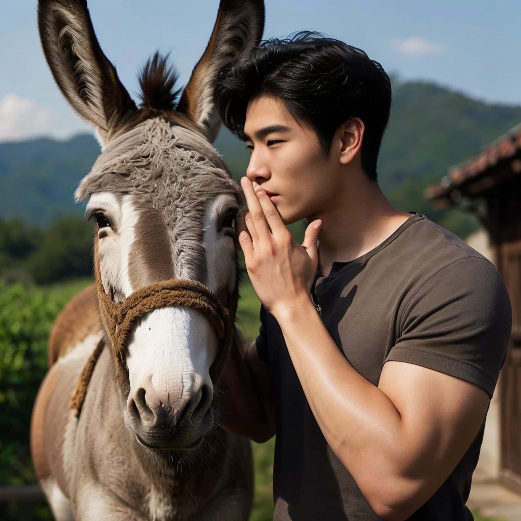 a handsome asian young man whispering with donkey