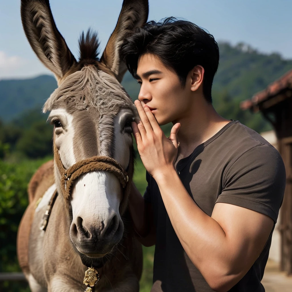 a handsome asian young  man whispering with donkey 