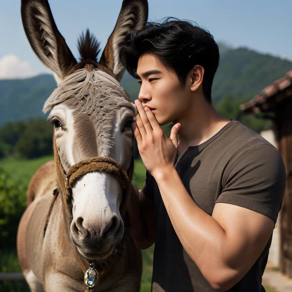 a handsome asian young man whispering with donkey