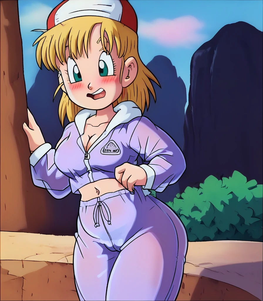 Bulma, Long blonde hair, belly button, Transparent clothing, fully transparent clothing, 1girl, background, blush, red hair, big breasts, tomboy, one short pigtail, nighttime, open mouth, dimmed lighting, standing, city, big ass, wide hips, toned body, prostitute, purple eyeshadow, (detailed fingers), cleavage, ass, no bra, 5 fingers, pussy, cameltoe, pussy showing through zipper, wearing onesie, zipper going down from neck to lower back, yoshi graphics on onesie 