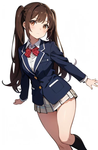 Monika (doki doki literature club), solo, Long brown hair, high ponytail, emerald green eyes, male  blush, closed mouth, jacket, neck ribbon, shirt, detailed background, blazer, brown hair, blue skirt, white shirt, 1boy, hair ribbon, looking at viewer, , very long hair, skirt, pleated skirt, ribbon, red ribbon, white bow, (1boy, solo), ((femboy, trap, crop top, flat chest)), (Bulge), (((boy, femboy, femboi, girly, Skirt Lift, balls in panties, crotch, Penis dick bulge under covered panties, (ultra-detailed, beautiful, best quality), crossdresseing male, cosplay, (masterpiece:1.2), (best quality:1.2), (very aesthetic:1.2), (absurdres:1.2), (detailed background), 