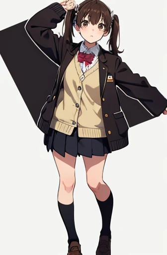 standing, from front, full body shot,one girl, deep brown hair, low twin tails, deep brown eyes, white skin, ager, , Great Joy, high school girl, , jacket/blazer, slim, looking at viewer, white background