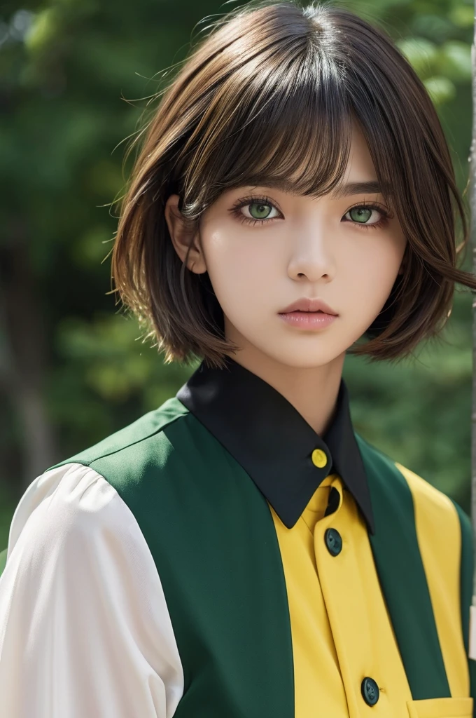 Hairstyle：Wolf cut hair color：Dark Green Background：Yellow clothing：Uniform Eye Color：Dark green look：difficult（serious）
