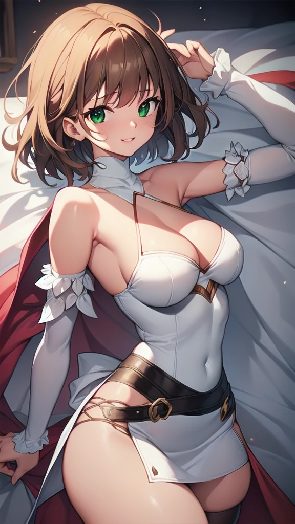 (masterpiece, best quality, ultra-detailed, best shadow), solo girl, light brown hair, green eyes, short hair, medium breasts, sexy body and face, wavy hair, smile, parted lips, red lips, circlet, skirt, bridal gauntlets, jewelry, cape, bare shoulders, sandals, sleeveless dress, red cape, long sleeves, wide sleeves, side slit, white dress, detached sleeves, turtleneck, ribbon, pink dress, fingerless gloves, cafe, sexy pose, cowboy shots, sharp focus, vibrant, creative, dynamic, high definition, high resolution, 8k, (Upscale: R-ESRGAN 4x+ Anime6mage enchance:4x), voluptuous body, cinema lightning, dakimakura style, looking at the viewer,