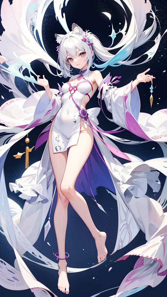 Second dimension ancient style magic robe（White Tiger）Girl（Full body picture），Perfectly proportioned body，Slender，Lively, cheerful and happy，Bare feet and legs，Ultra-clear，Clear background，The are a bit big