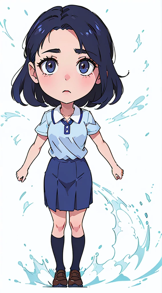 Female teacher in blue dress and white shirt， Blow blow, Wearing school uniform, Wearing school uniform, Nagatoro, Samada, Anime vtuber full body model, Anime girl named Lucy, As anime character, Wear Japanese , JK, Full body pictures, Single character full body, Girls stand, Style Anime，26-year-old primary school teacher