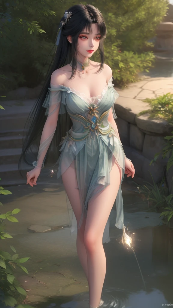 a girl,Light Particles, Halation, (Bioluminescence:0.95), Bioluminescence, Harsh light, Energetic, (((rich and Farbeful))), Farbe, (glowing, glow),Ancient Customs, Wind Blow, flowering, pond, night, moon relection in the pond, reflected light, Depth of Field, From the back, multiple views, delicated best quality ,masterpiece, illustration, Extremely delicate and beautiful, Extremely detailed ,CG ,Unite ,8k wallpaper, Astonishing, Fine details, masterpiece,best quality,Official Art,Extremely detailed CG Unite 8k wallpaper,absurdes, incredibly absurdes, Huge file size , Extremely detailed, high resolution, Extremely detailed,Beautiful and delicate girl, Extremely detailed eyes and face, Beautiful and delicate eyes,There is light on the face,1 Girl, (excellent realistic), (Black Hair), (Hair covering one eye), (Single braid hair), (rainbow eyes), ((Hair accessories)), ((Jewelry)), (hair Jewelry), (((Describe the arm in detail))), (((excellent ))), ((Breast sagging)), ((full body)), (thigh), ((full )),, (Detailed description of hair), ((Upper Body)), (Bare shoulders), ((clavicle)), (Off-shoulder), (Glowing skin), (Detailed description of the face), (Extremely detailed description of the eyes), (Body detailed description), (Fair and translucent skin), Peerless Beauty, (Extreme beauty), (Red lips), (Shy ), (Charming Smile), ((Gothic Lolitia dress)), (Every posture),(Smile),