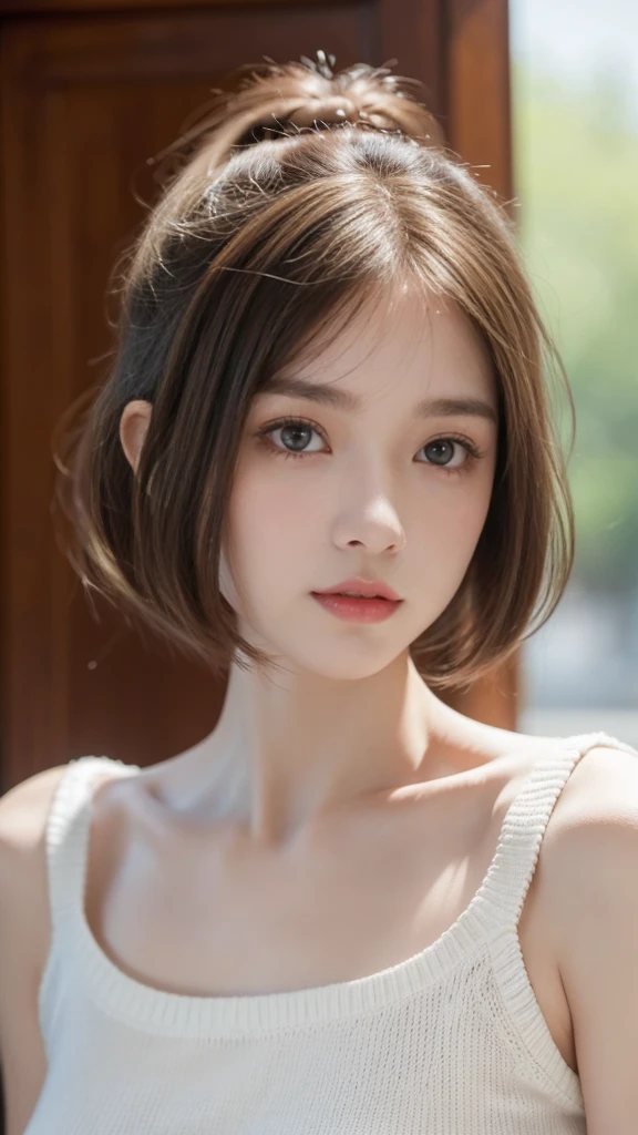 Short hair and white Summer knitting, Summer knitting, long hair, long hair with bangs, girl with a cute face, cute face portrait, Pony tail, Pale white skin!!, Long brown hair and big eyes, Soft portrait 8 k, beautiful big eyes, beautiful girl, young girl with Pony tail hair, Best picture quality, Masterpiece, Leonardo da Vinci&#39;s diary Da Vinci, Leonardo da Vinci&#39;s manuscript as background.